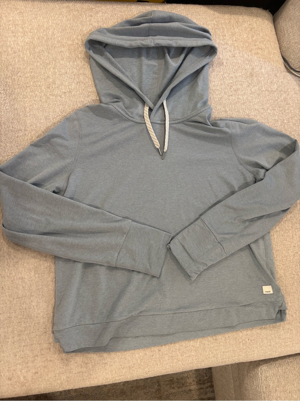 Vuori Slate Blue Women's Lightweight Hoodie with White Drawstring